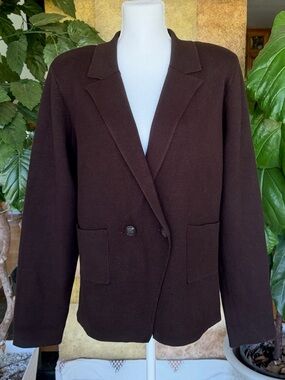 NEW Elie Tahari Notched Lapel Double-Breasted Dark Brown Knit Blazer, Size XL